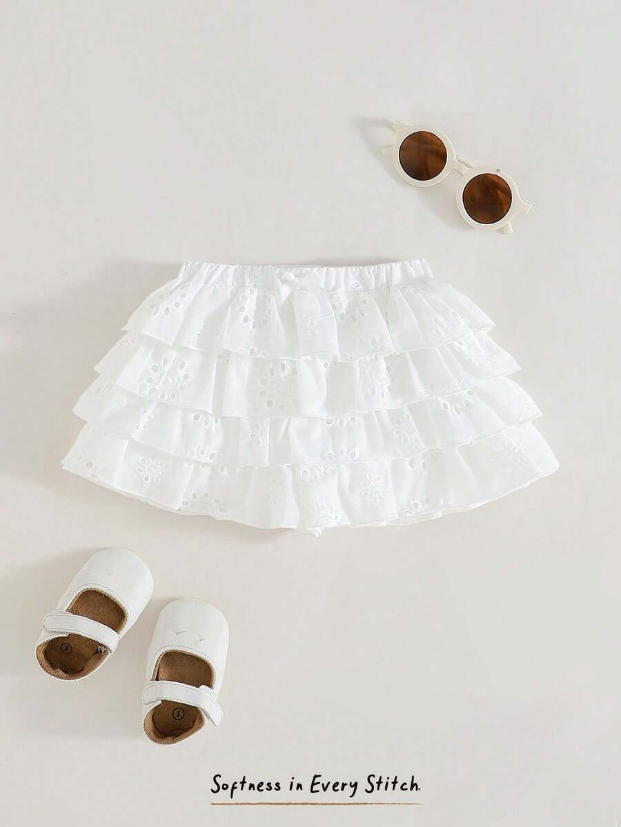 Cozy Pixies 女婴提花面料层叠荷叶边裙裤，带衬里 - 白色 - 查看 1