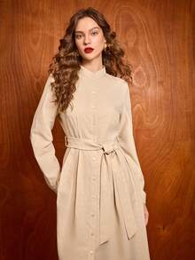 Uhlyne Uhlyne Women's Light Beige Elegant Autumn Long Dress, Office Commuting Style, Stand-Up Collar, Front-Button Design, Cinched Waist Waist, Jacquard Pleats For Parties - Apricot - View 5