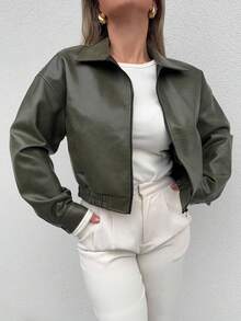 Jeta Ari Spring New Distressed Leather Jacket, Short Women Regular Jacket For Valentine's Day,Fall Clothes - Dark Green - View 3