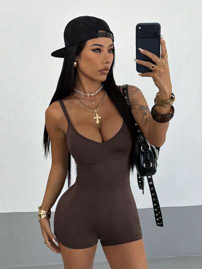 StreetHx Streetwear Women's Solid Color Spaghetti Strap Cropped Jumpsuit, Spring/Summer