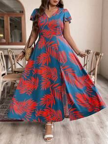 Breezaya Plus Size Boho Dusty Blue Long Dress With Red Random Print Deep V Neck Flounce Short Sleeve - Dusty Blue - View 5