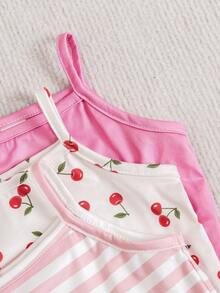 SHEIN 女婴舒适百搭甜美可爱吊带短裤套装，多件套夏季服装 - 彩色 - 查看 5