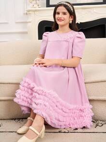 Girl's Elegant Mesh Overlay Dress, Lightweight Luxury Style, Suitable For Spring/Summer Parties And Celebrations, Layered Mesh Presents A Soft And Graceful Aesthetic For Formal Events Dress For Girls Lila Tween Girls Elegant Dress Tween Girl Dress With Sleeve Tween Dusty Pink Dress Tween Ruffle Dress - Pink - View 6