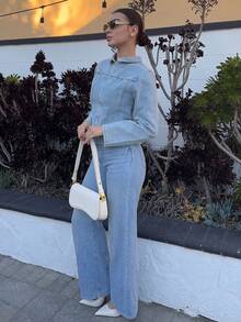 Andrea Bello 水洗漂白牛仔拼接拉链翻领夹克，仅限秋季穿着，复古乡村风，可爱又时髦，适合返校季、办公室、冬季和感恩节等场合。 - 淺藍色 - 查看 6