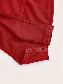 Slaydiva 女士纯色交叉裹身长袖连体衣 - 紅色 - 查看 4