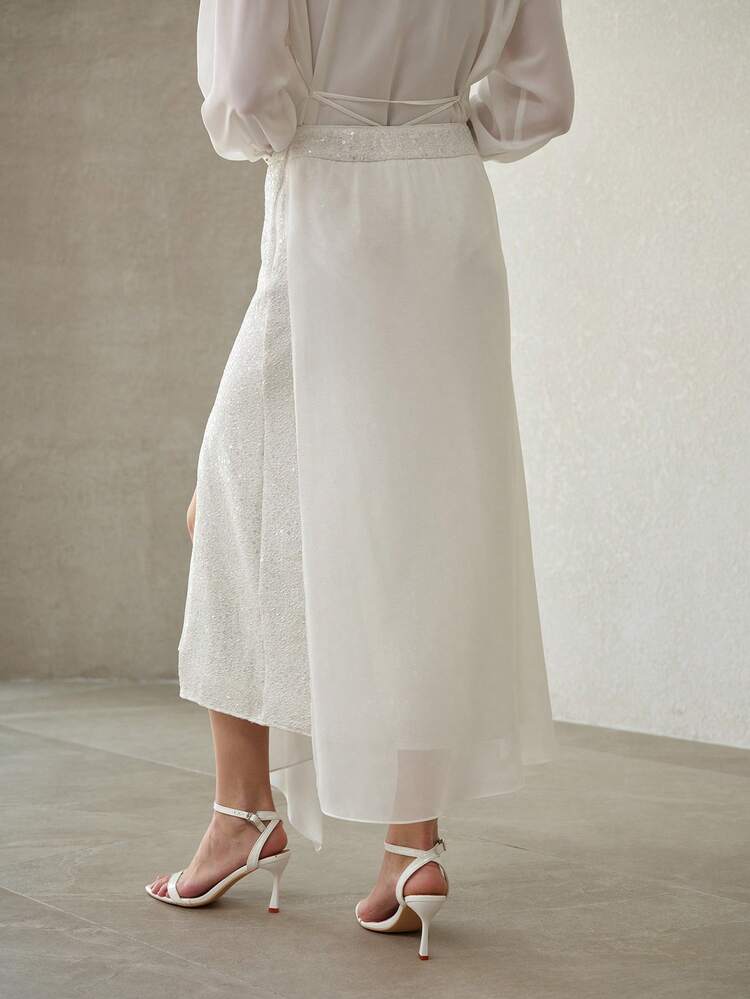 WOMEN'S ASYMMETRICAL CHIFFON FLOWY SPLIT THIGH SKIRT WITH SEQUINS EMBELLISHMENT, SPRING/SUMMER