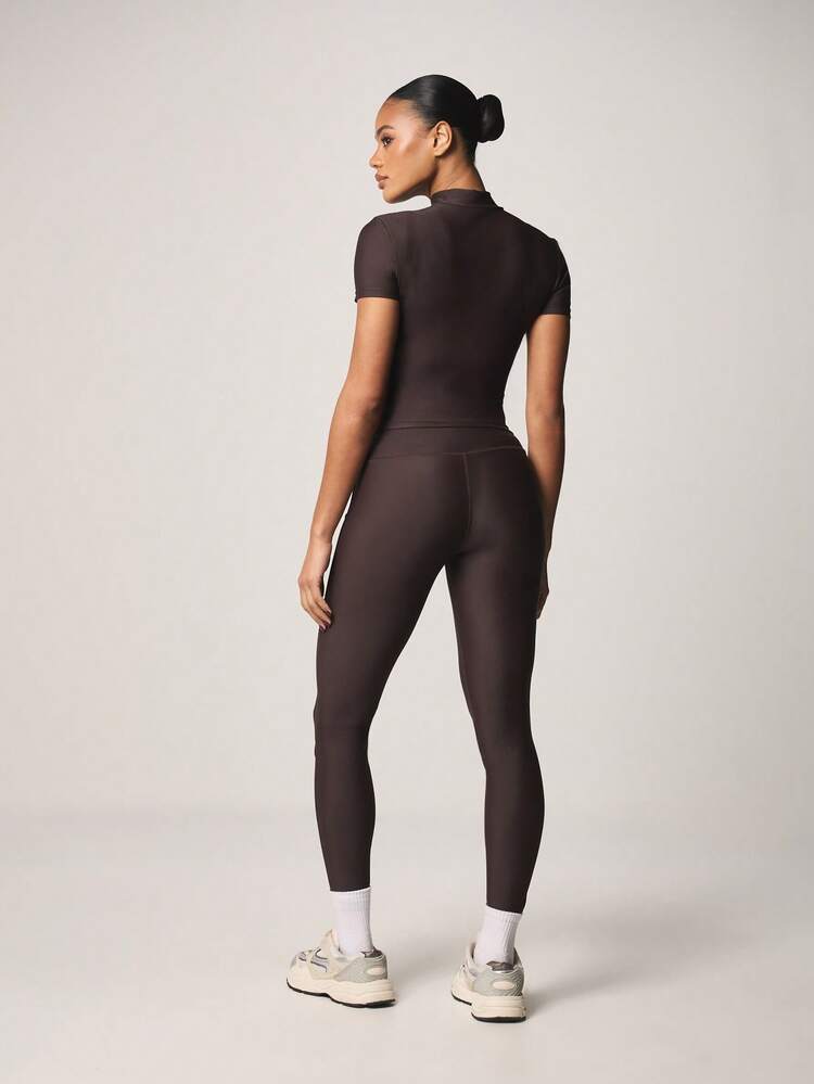 MISSGUIDED Full Zip Mock Neck Short Sleeve Top With High Waisted Leggings Co-Ord Set