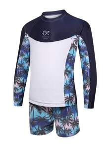SHEIN Boys' Printed 2 Pieces Casual Vacation Pattern Long Sleeve Swimsuit And Swim Trunks