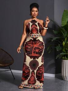 Slaydiva 2025 New Arrival Vacation Suitable For Spring & Summer, Orange Versatile Daily Casual All-Match Beach Halter Tie Waist Abstract Gradient Geometric Print High Slit One-Sided Slit Dress - Multicolor - View 5