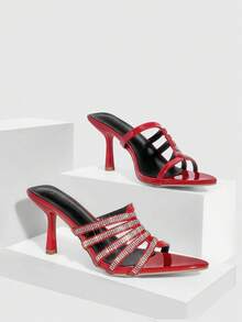 CUCCOO SZL Sandal Hak Tinggi Merah Wanita dengan Hiasan Kristal, Sepatu Pesta Musim Panas - Merah - View 2