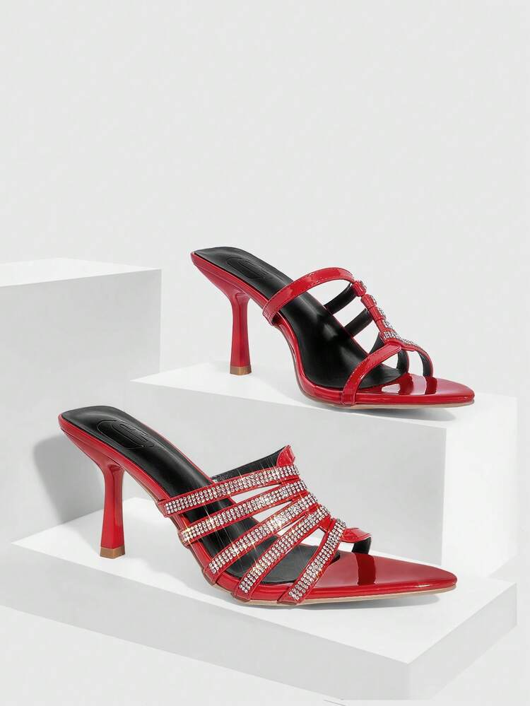 CUCCOO SZL Women's Red High Heel Sandals With Crystal Embellishments Prom Heels