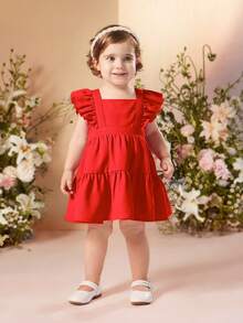 SHEIN Vestido sin mangas de unicolor minimalista con volantes y lazo desmontable para niña bebé en vacaciones de verano - Rojo - Ver 4