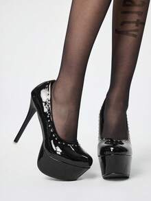 ROMWE Grunge Punk Zapatos de boda con tacón alto de 14 cm, con tachuelas negras, plataforma impermeable, para primavera/verano - Negro - Ver 1