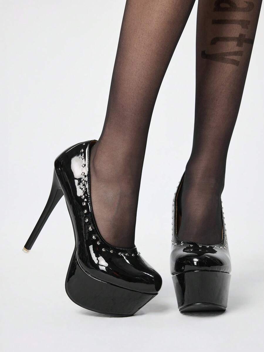 ROMWE Grunge Punk Zapatos de boda con tacón alto de 14 cm, con tachuelas negras, plataforma impermeable, para primavera/verano - Negro - Ver 1