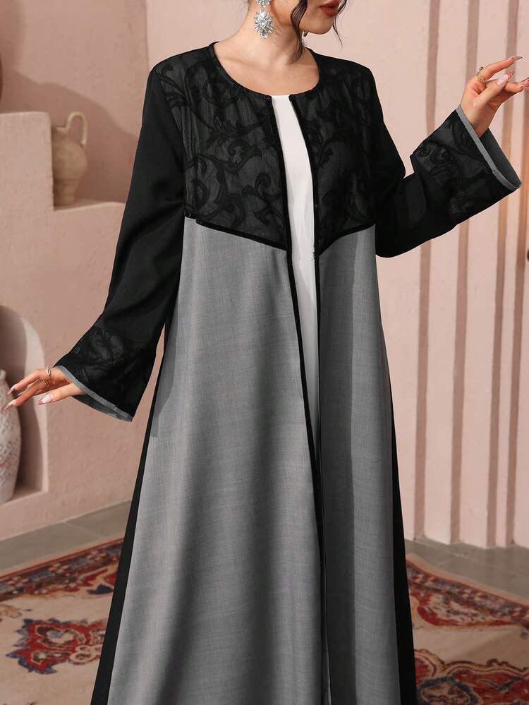 Al Najma Hollow Lace Patchwork Abaya Cardigan, Contrast Color, Elegant Arabic Robe For Formal Events - Grey - View 2