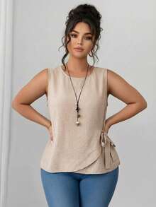 SHEIN LUNE 夏季大尺碼純色圓領無袖上衣，側邊綁帶設計