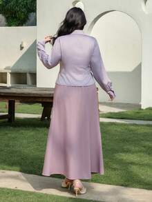 Dazy Plus Conjunto elegante de 2 peças em tafetá com camisa de gola oblíqua e saia longa, tamanho grande, ideal para encontros românticos, primavera/outono. - Roxo Empoeirado - Ver 6