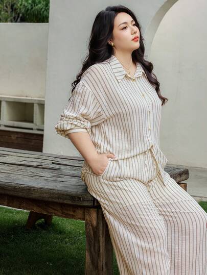 Dazy Plus Fashionable Casual Striped Loose Shirt Top And Wide Leg Pants Two Pieces Set, Plus Size, Vacation Style
