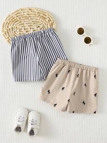Cozy Pixies 2pcs Baby Boy Mustang Pattern Elastic Waist Casual Shorts Set, Versatile & Comfortable,Kids - Multicolor - View 2