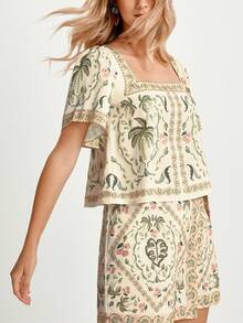 CAJUNI 女士休闲度假水彩花卉棕榈树印花方领短袖可爱上衣，适合户外穿着 - 黃色 - 查看 4