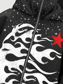 ROMWE MEN Street Life Stylish Dark Hooded Zip-Up Sweatshirt Jacket With Rhinestone Embellishment For Men - Grey - View 5