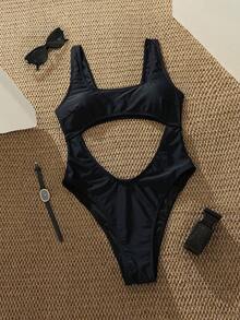 Swim SXY 1pc Women's Solid Color Hollow-Out One-Piece Swimsuit, Summer Beach - Black - View 4