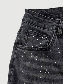 SHEIN MOD Quần jeans ống loe dáng casual có túi đính đá dành cho nữ cỡ lớn - màu đen - Xem 4