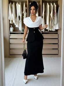 Siren Gaze 女士优雅通勤摆领纽扣装饰连衣裙，夏季 - 黑與白 - 查看 4