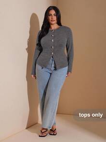 SHEIN BAE Plus Size Women Metal Button Decor Long Sleeve Basic Top/Winter - Dark Grey - View 3