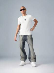 PLAYBOY X SUMWON Ribbed Muscle Fit Tee With Bunny Logo Design Essential Crew Neck Basic Summer Casual Shirt - White - View 5