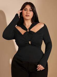 SHEIN BAE Camiseta ajustada de manga larga con abertura y nudo delantero en unicolor para mujer de talla grande, camiseta casual elegante para otoño e invierno - Negro - Ver 1