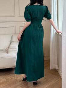 Feyla Women's Solid Color V-Neck Ruffle Sleeve Elegant Long Dress - Lake Blue - View 6