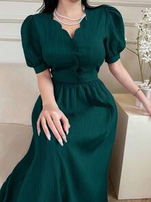 Feyla Women's Solid Color V-Neck Ruffle Sleeve Elegant Long Dress - Lake Blue - View 7