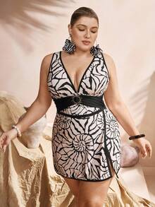 Swim Oasis Bộ đồ bơi liền thân in họa tiết trừu tượng bất đối xứng dành cho nữ cỡ lớn, kèm váy sarong, thích hợp cho kỳ nghỉ biển. - Nhiều màu - Xem 3