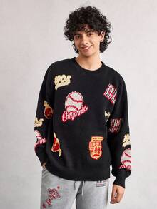 Open Phase 男士休闲宽松套头毛衣，饰有网球、英文字母、心碎、数字图案，复古街头风，秋冬款，长袖上衣 - 黑色 - 查看 3