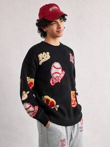 Open Phase 男士休闲宽松套头毛衣，饰有网球、英文字母、心碎、数字图案，复古街头风，秋冬款，长袖上衣 - 黑色 - 查看 5