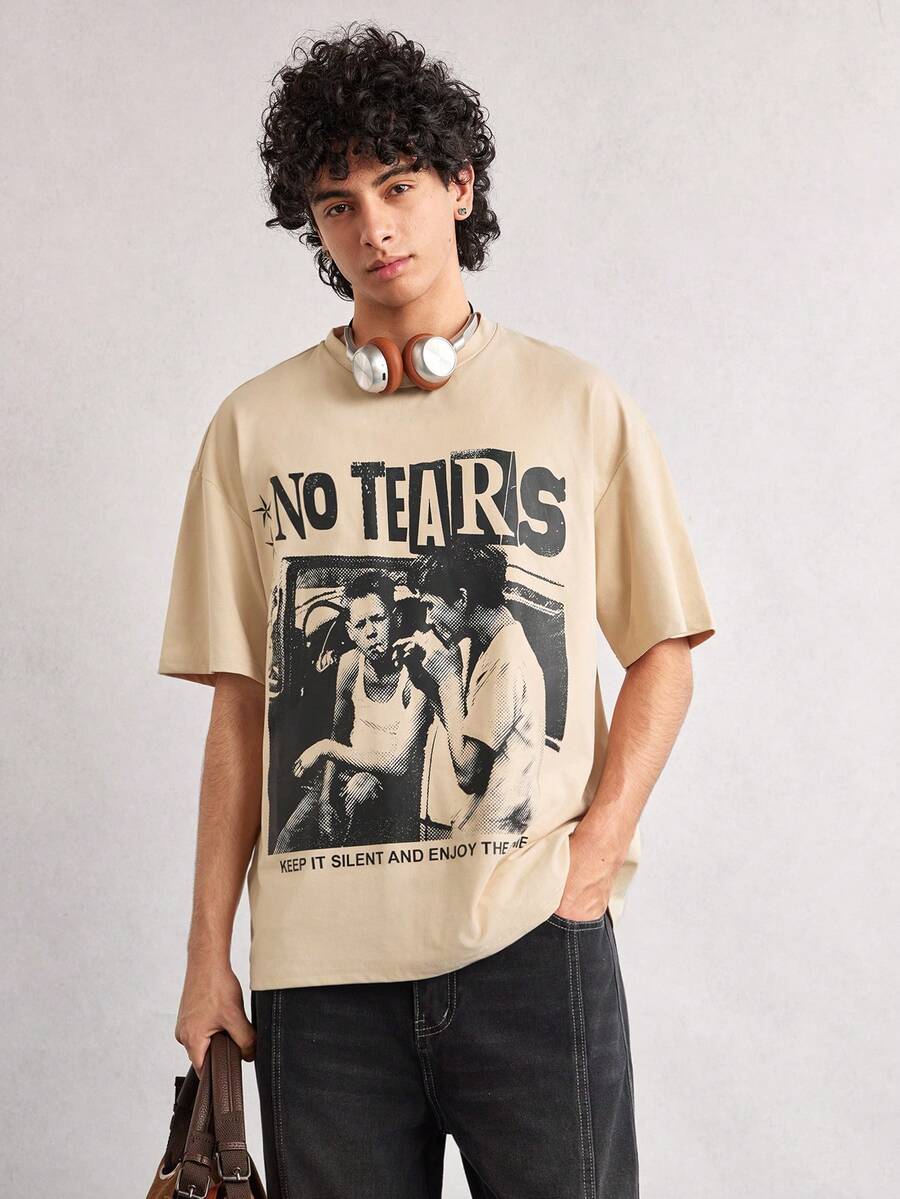 Open Phase 男士新款时尚嘻哈印花T恤 春夏款 - 杏色 - 查看 1