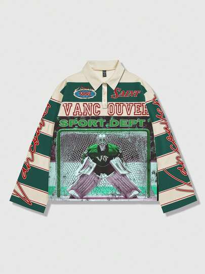 Street Life Camiseta polo de manga larga con estampado y rayas para hombre, estilo universitario casual