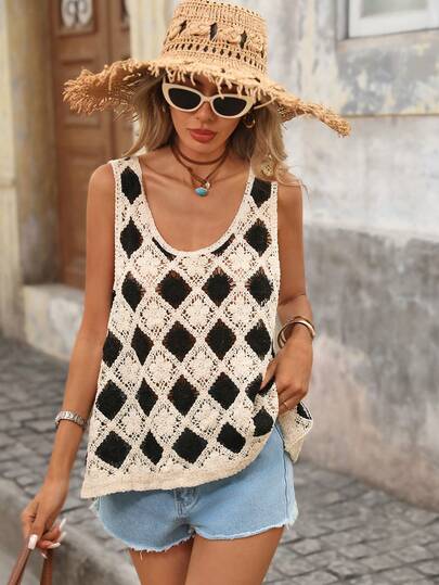 Brillora Women's Geometric Diamond Pattern Knit Casual Top, Spring/Summer, Spring Clothes Women , Summer Dress , Summer Dresses For Women , Summer Outfits  , Summer Holiday Outfits,