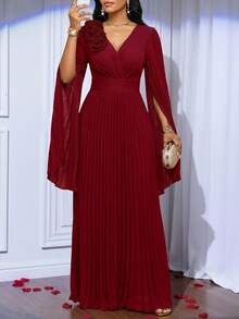 SHEIN Lady 女士纯色3D立体花卉装饰褶皱连衣裙，优雅 - 酒紅色 - 查看 1