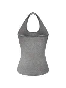 INAWLY Women's Gray Halter Neck Fitted Ribbed Tank Top - Grey - View 2