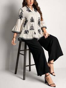 Comfylo Plus Size 2 Pieces Set: Casual Black Shirt And Pants, Autumn Boho Outfits For Women, Elegant Birthday Party Vacation Valentine's Day - Multicolor - View 6