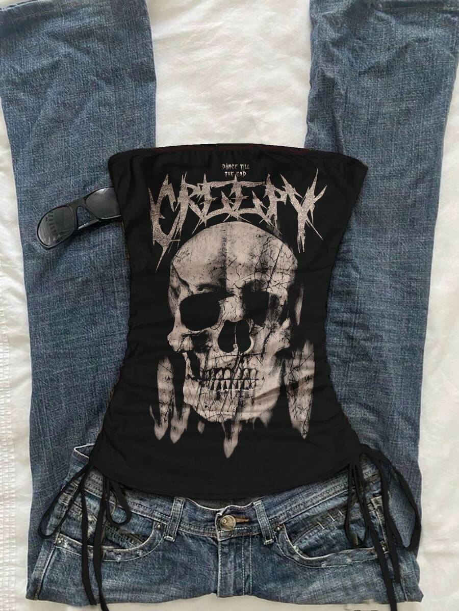 Attitoon Áo croptop nữ kiểu dáng thường ngày, có dây rút phía trước. - màu đen - Xem 1