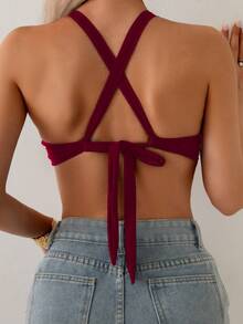 SHEIN Swim Áo bikini nữ màu trơn, dây chéo sau lưng, kiểu dáng tối giản, thoải mái - Màu Đỏ Sâu - Xem 2