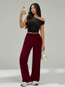 SHEIN PETITE 女士弹力纯色优雅西装裤，秋冬搭配 - 酒紅色 - 查看 4