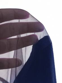 DAZY 女士时尚优雅网纱天鹅绒拼接长袖衬衫春季外出上衣 - 藏蓝色 - 查看 6