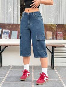 Rivivi Women's Casual Washed Straight Leg Cargo Capri Jeans - Dark Wash - View 6