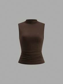 SHEIN Clasi 3件套女士高领无袖针织弹力修身背心，杏色/棕色/黑色，优雅百搭的日常基础款背心，春夏高领无袖褶皱修身弹力针织面料，黑色、棕色和白色可选。一款百搭的夏季基础款背心，优雅百搭，适合日常穿着、办公和通勤。春夏女装。3件装修身上衣，女士高领上衣，棕色上衣，女士衬衫套装 - 彩色 - 查看 11