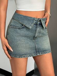 EURMUSE Low Waist Belt Detailed Mini Denim Skirt - Medium Wash - View 3