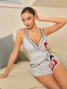 Betty Boop x SHEIN Women's Cartoon Figure Graphic & Polka Dot Print Frill Trim Fitted Top And Shorts Pajama Set, Summer - Black and White - View 7